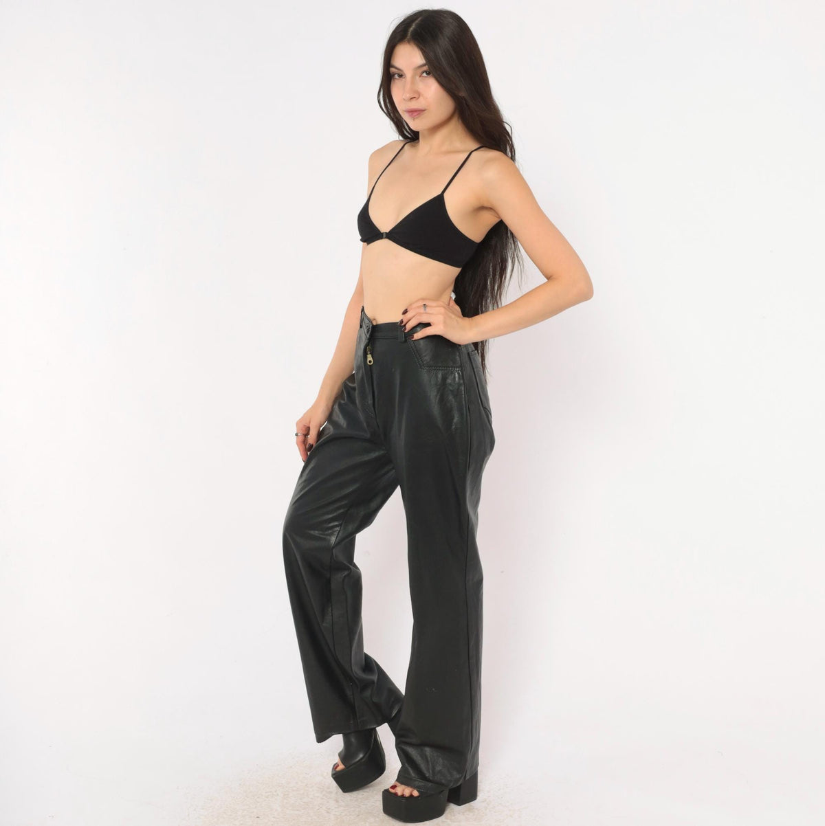 90s Black Leather Pants High Waist Straight Leg Moto Trousers Medium M