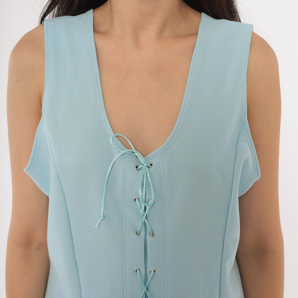 90s Awesome Wear Light Blue Lace-Up Tank Top Grommet Tie Front Large L