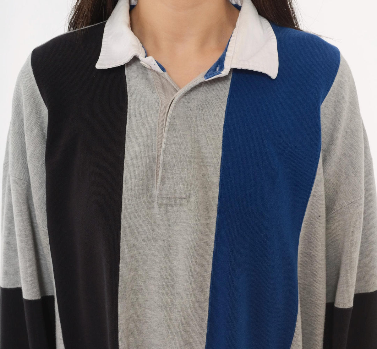 90s St. Johns Bay Rugby Shirt Colorblock Grey Navy Cotton Medium