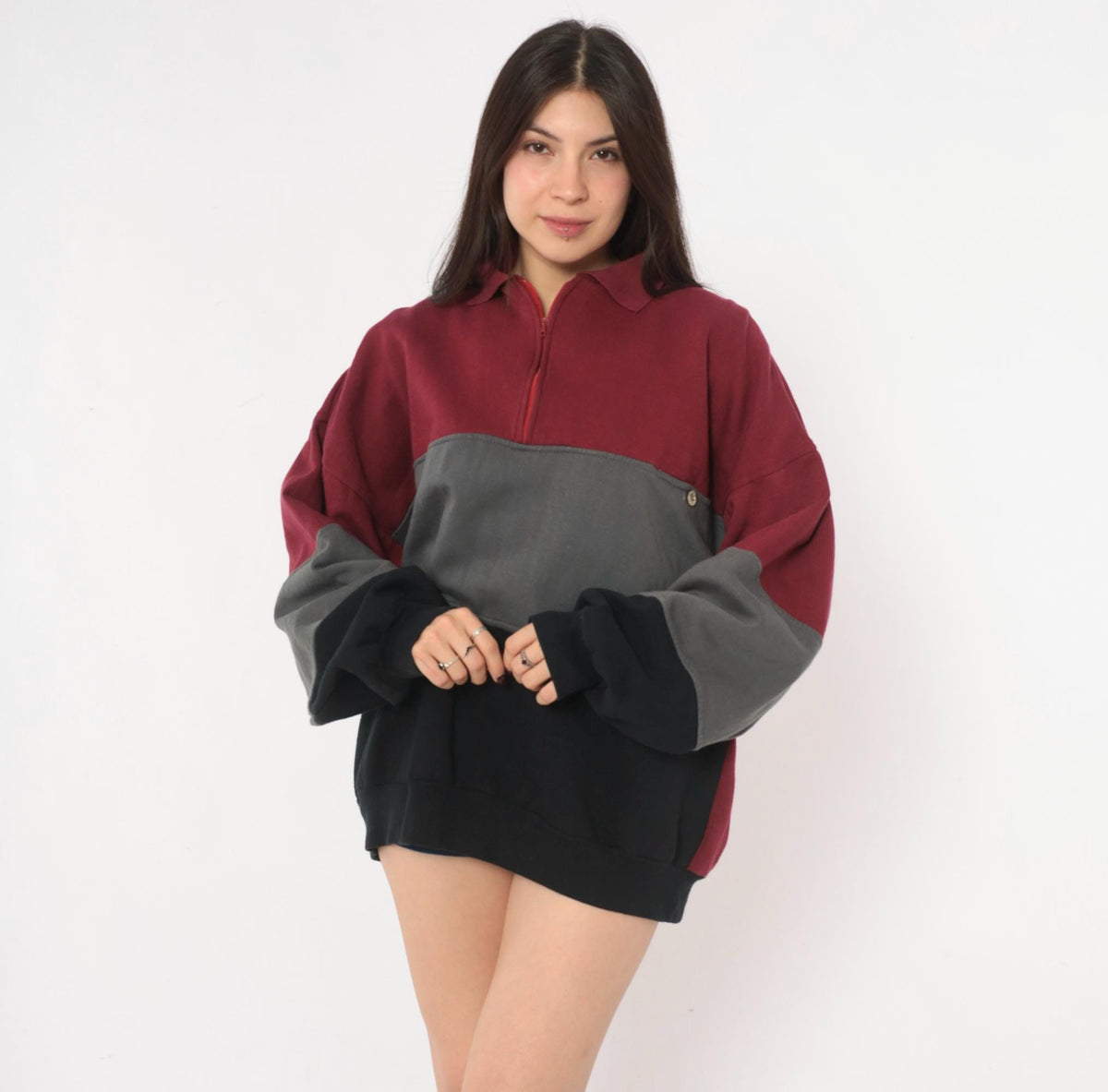 90s Colorblock Quarter Zip Sweatshirt Burgundy Grey Black Extra Large