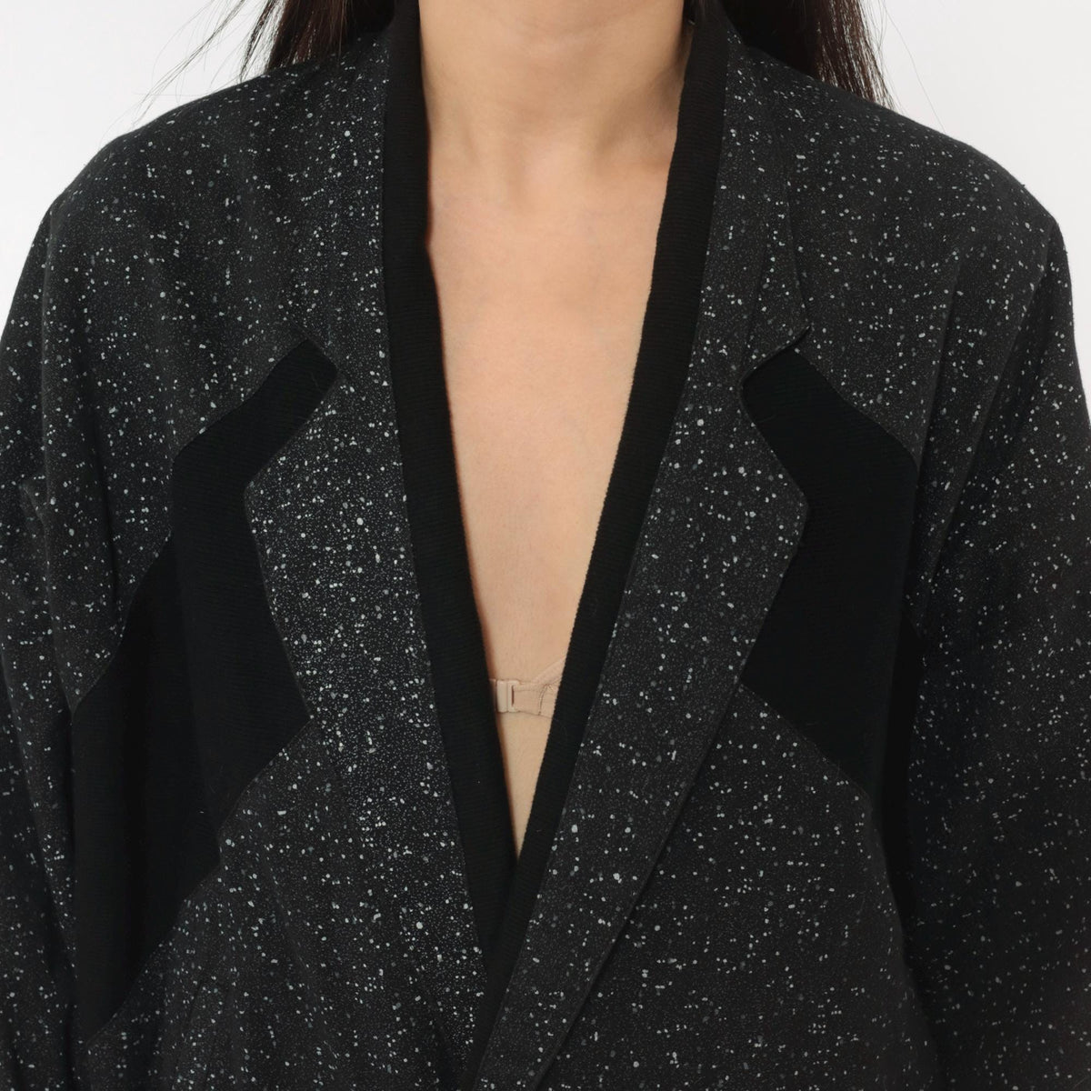 90s Code Zero Black Cotton Bomber Jacket White Speckled Notched Lapel Large L