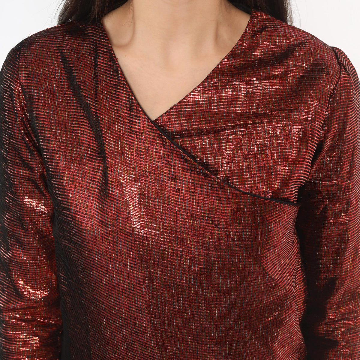 70s Red Gold Metallic Lurex Mini Dress V Neck Wrap Front Long Sleeve Extra Small