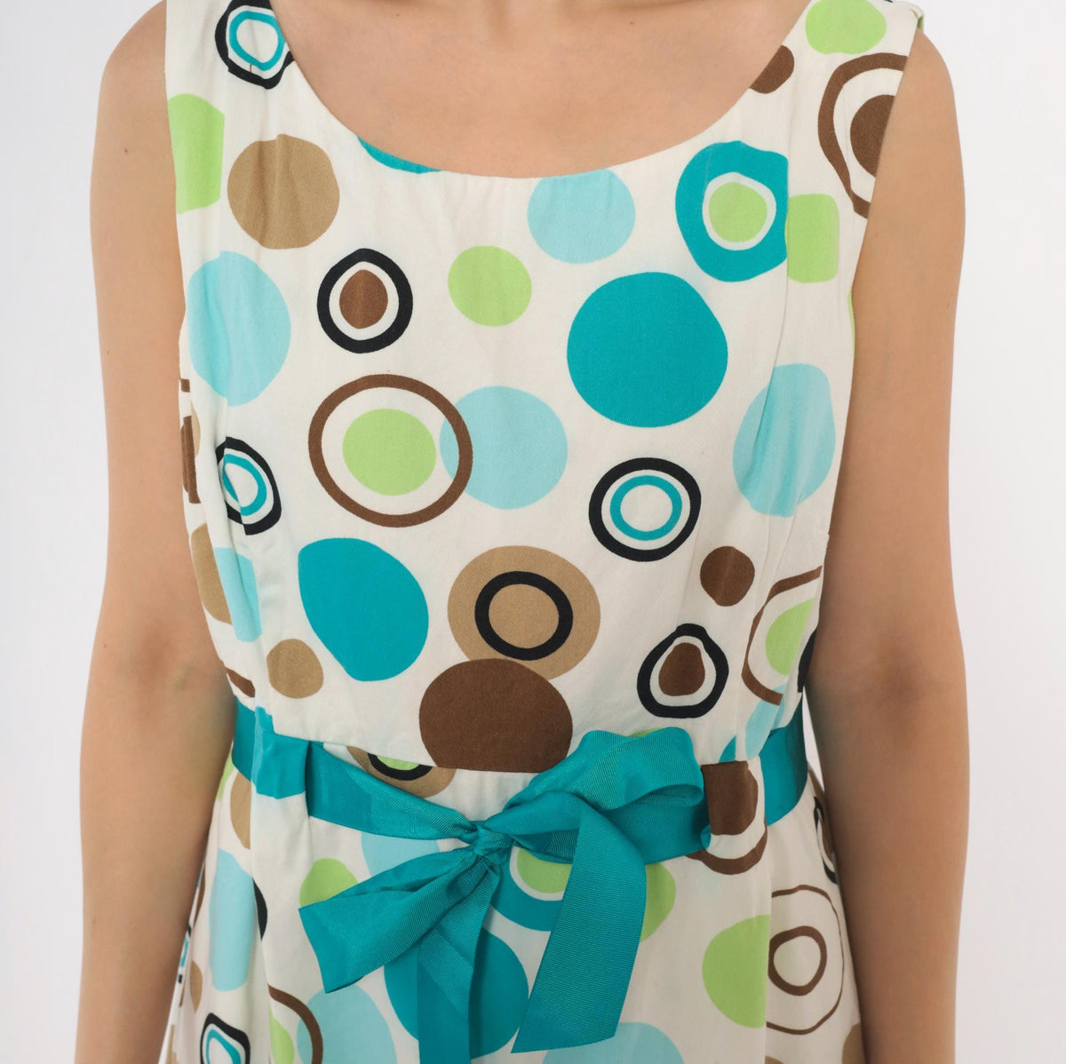90s Jessica Howard White Polka Dot Sundress Teal Green Brown Knee-Length Large L