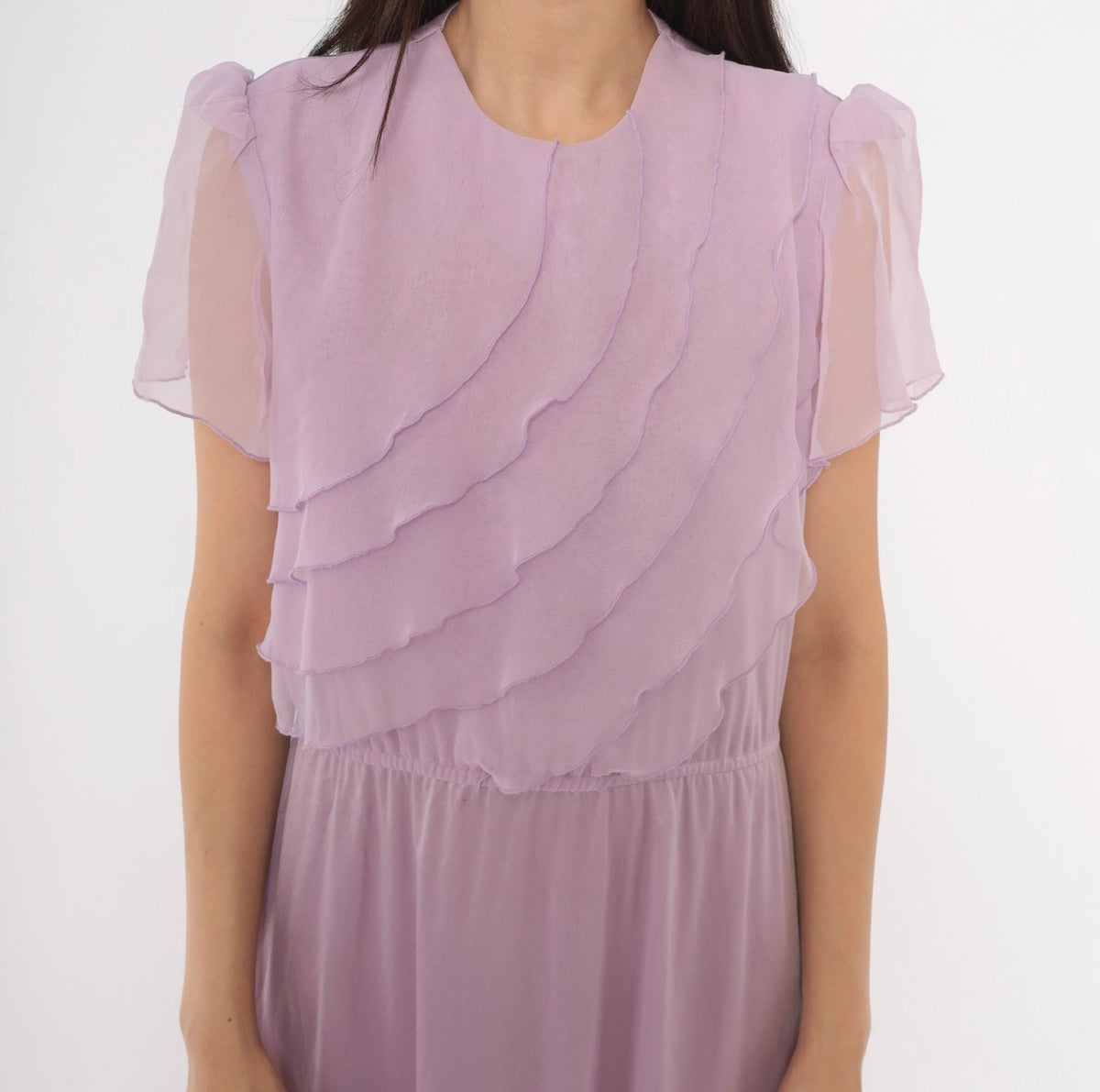 70s Lilac Chiffon Maxi Dress Flutter Sleeve A-Line Purple Pastel Large L