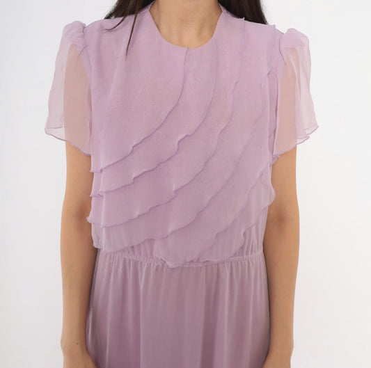 70s Lilac Chiffon Maxi Dress Flutter Sleeve A-Line Purple Pastel Large L