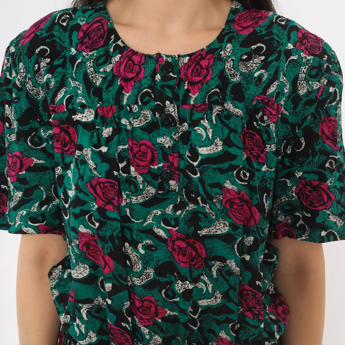 90s Virgo II Rose Print Maxi Dress Teal Pink Button Front Medium