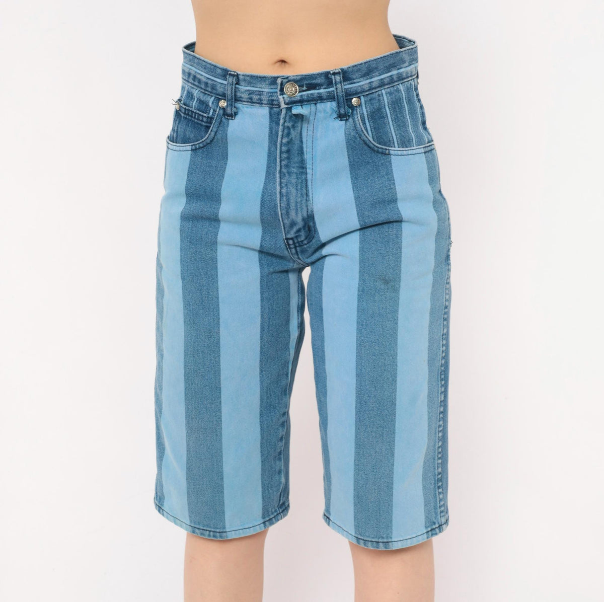 90s Exhaust Jeans Striped Denim Shorts Blue White Vertical Stripe High Waist Knee Length Small S