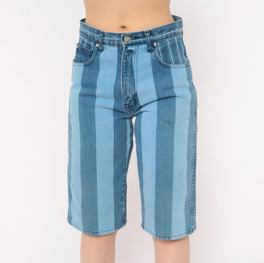 90s Exhaust Jeans Striped Denim Shorts Blue White Vertical Stripe High Waist Knee Length Small S