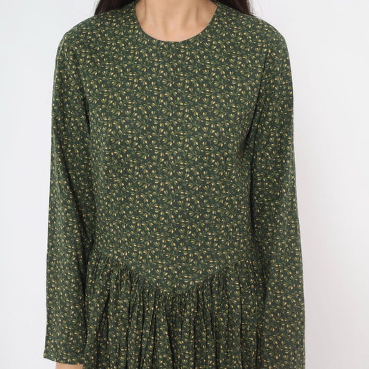 90s Olive Green Floral Maxi Dress Long Sleeve Leaf Print Cottagecore Large L