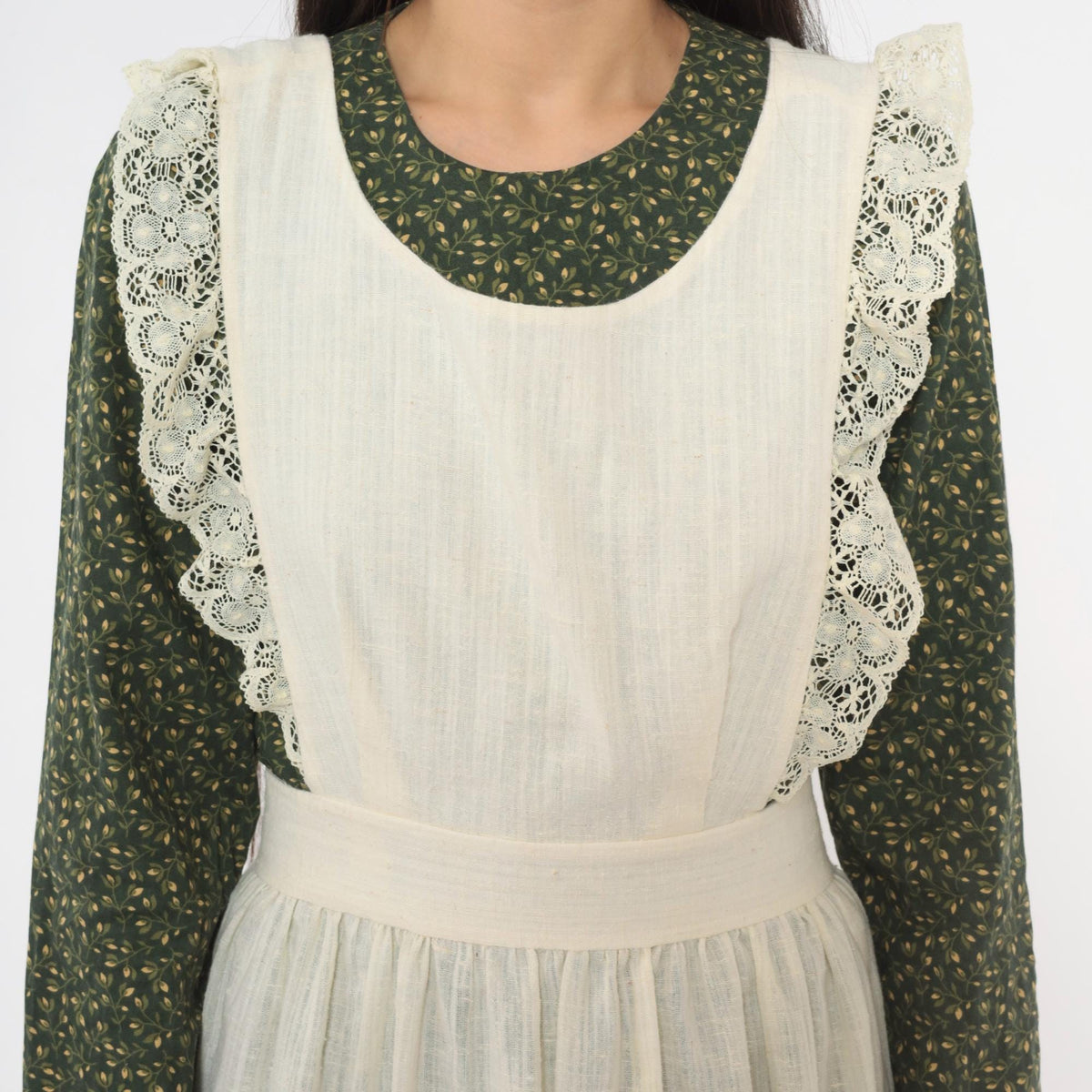 70s Cream Linen Pinafore Apron Dress Crochet Lace Ruffle Tie Back