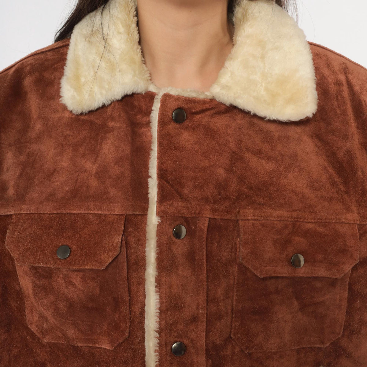 70s Grande Bay Brown Suede Trucker Jacket Shearling Lined Medium