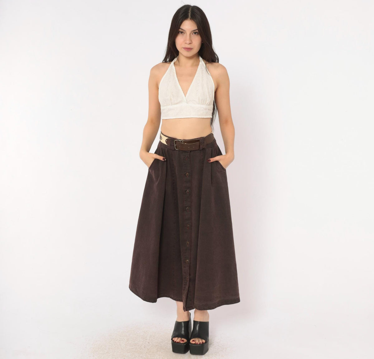 80s Burgundy Cotton Skirt Button Front A-Line High Waist Pockets Small S
