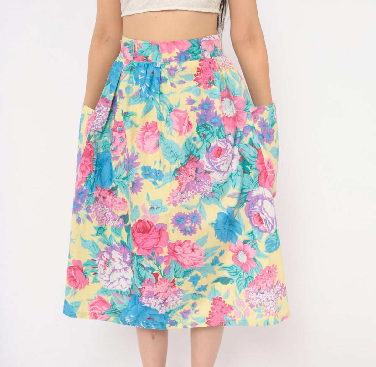 80s Lanzetta Sport Floral Midi Skirt Pink Rose Yellow Cotton High Waist Medium