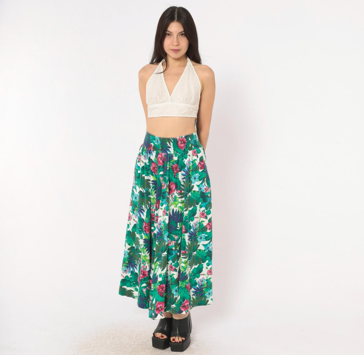 90s Dennis Goldsmith Tropical Floral Skirt Green Teal Pink Cotton Blend XS
