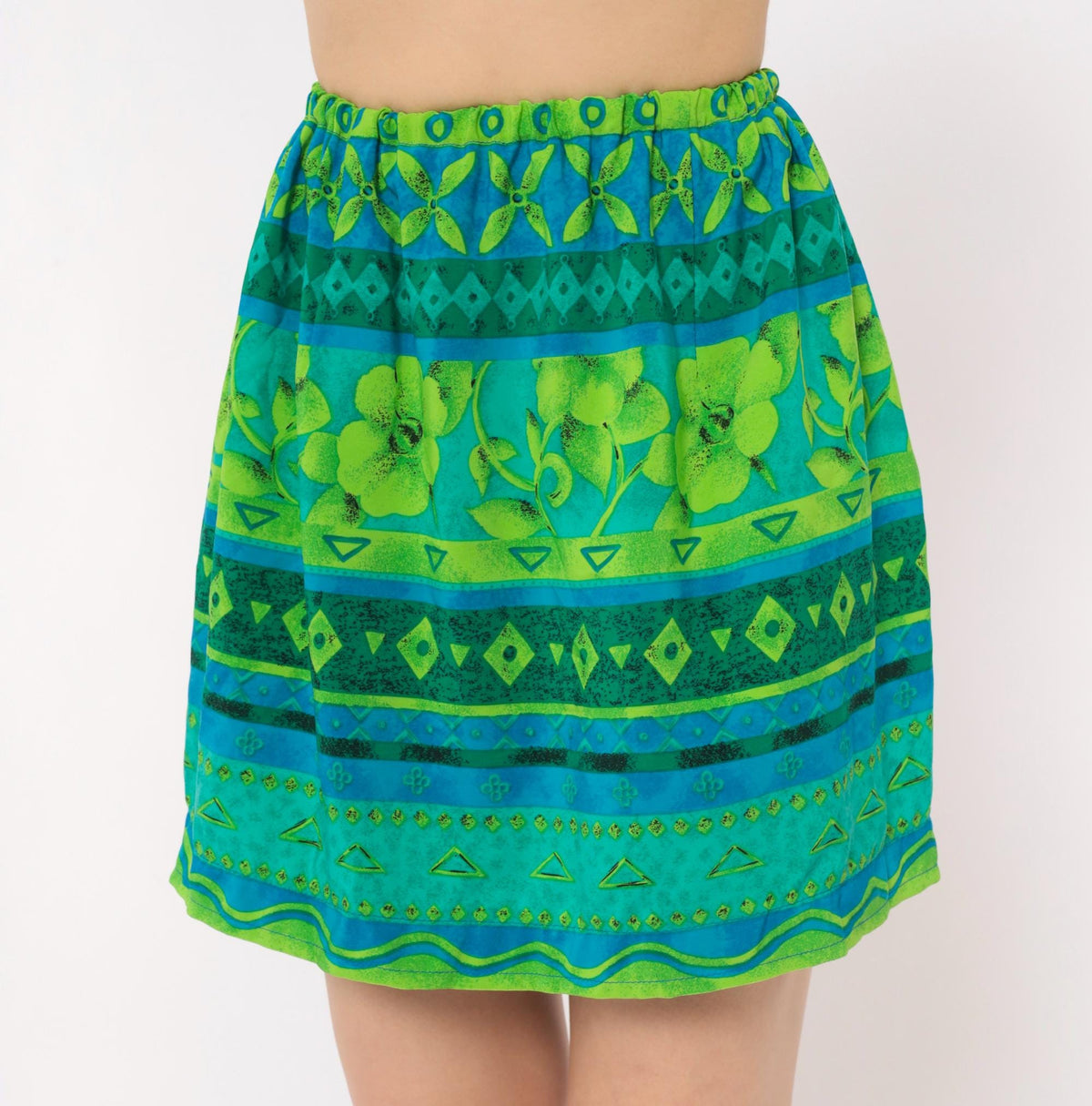 90s Green Floral Mini Skirt Teal Diamond Geometric Print Elastic Waist Extra Small