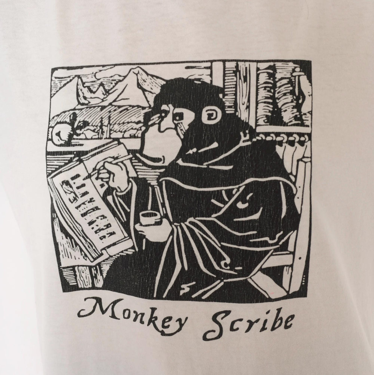 90s Anvil Monkey Scribe Ringer Tee Woodcut Print White Black Small