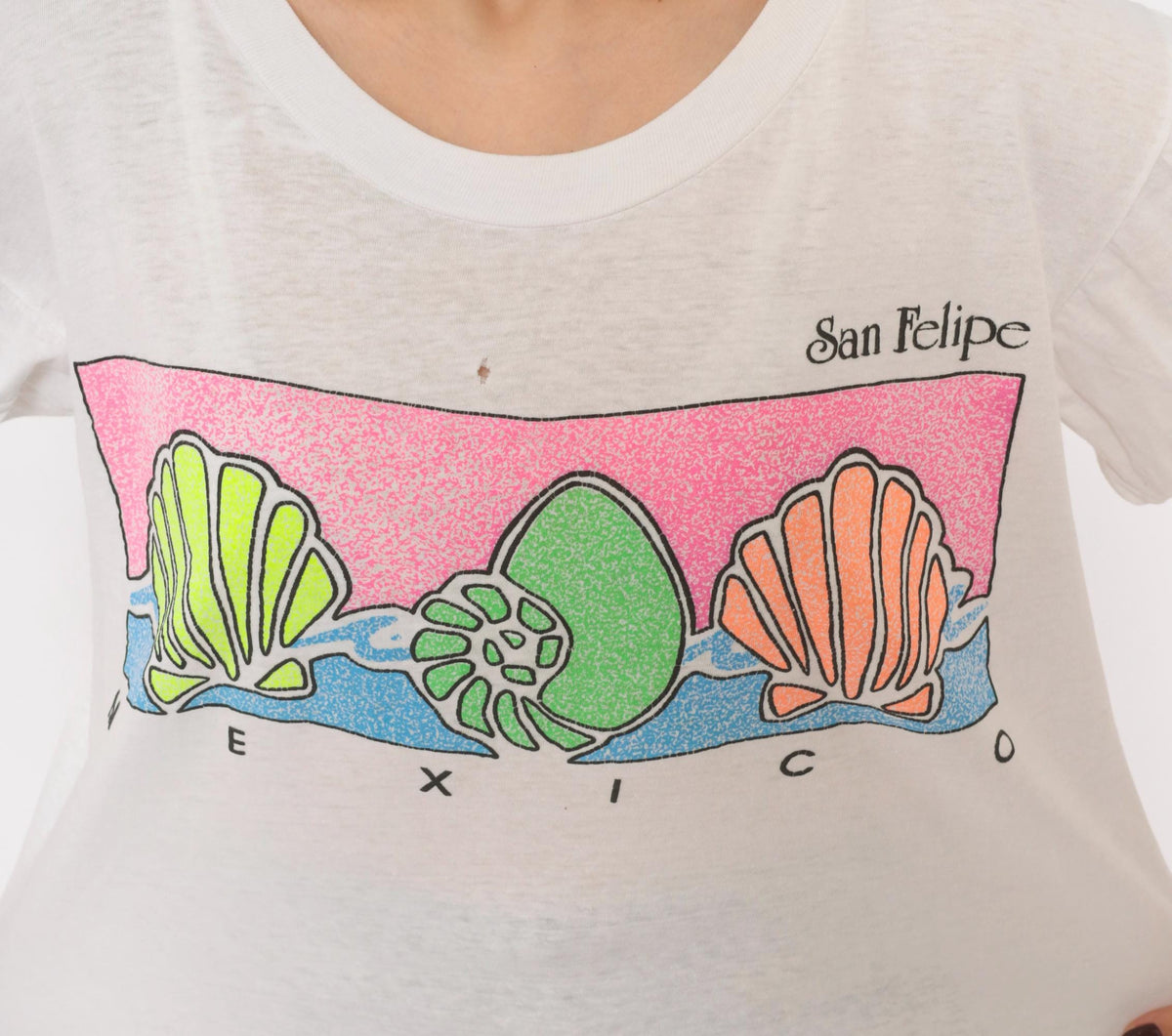 90s San Felipe Mexico Souvenir Tee White Cotton Neon Shell Graphic Medium
