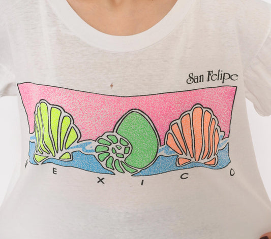 90s San Felipe Mexico Souvenir Tee White Cotton Neon Shell Graphic Medium