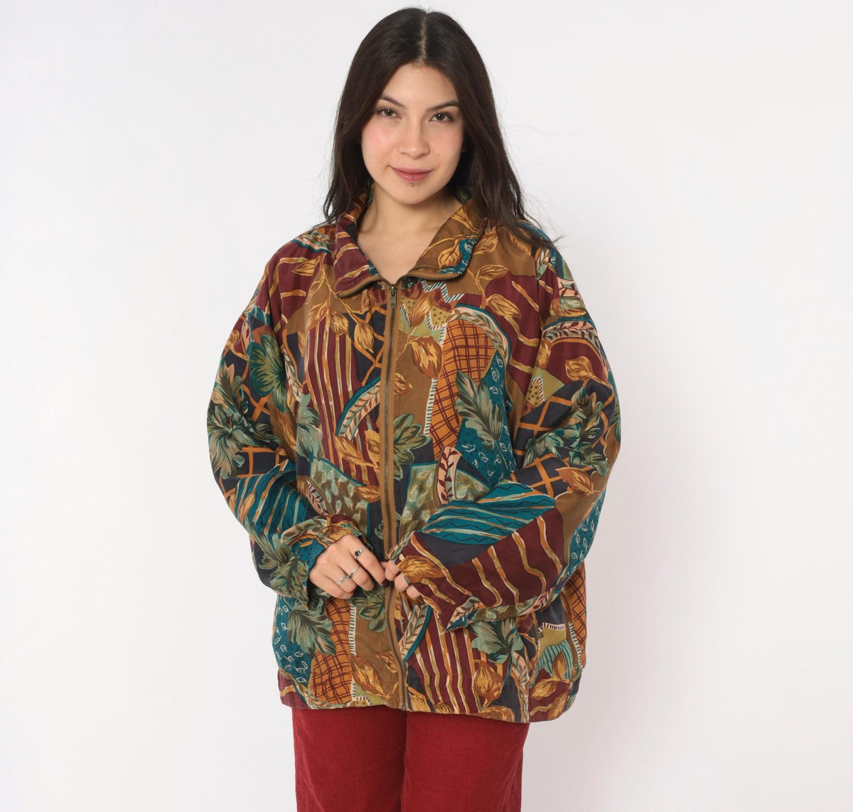 90s EVR Silk Bomber Jacket Tan Patchwork Leaf Print Unisex Large L