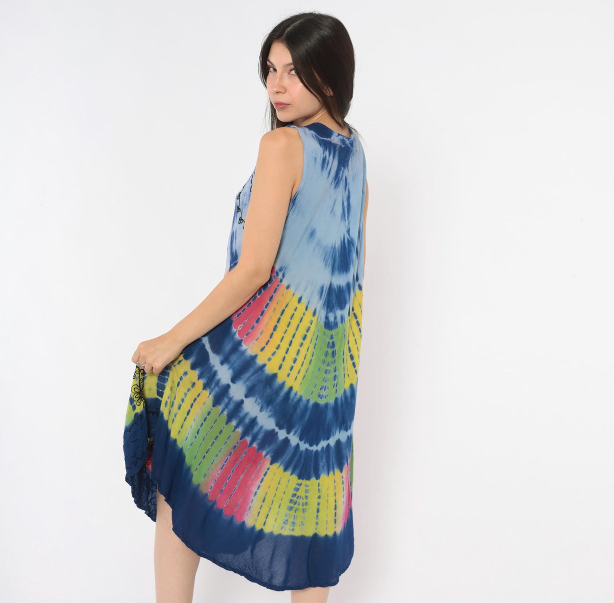 Y2K Tie Dye Sun Dress Blue Rayon Scoop Neck Trapeze Knee Length Small