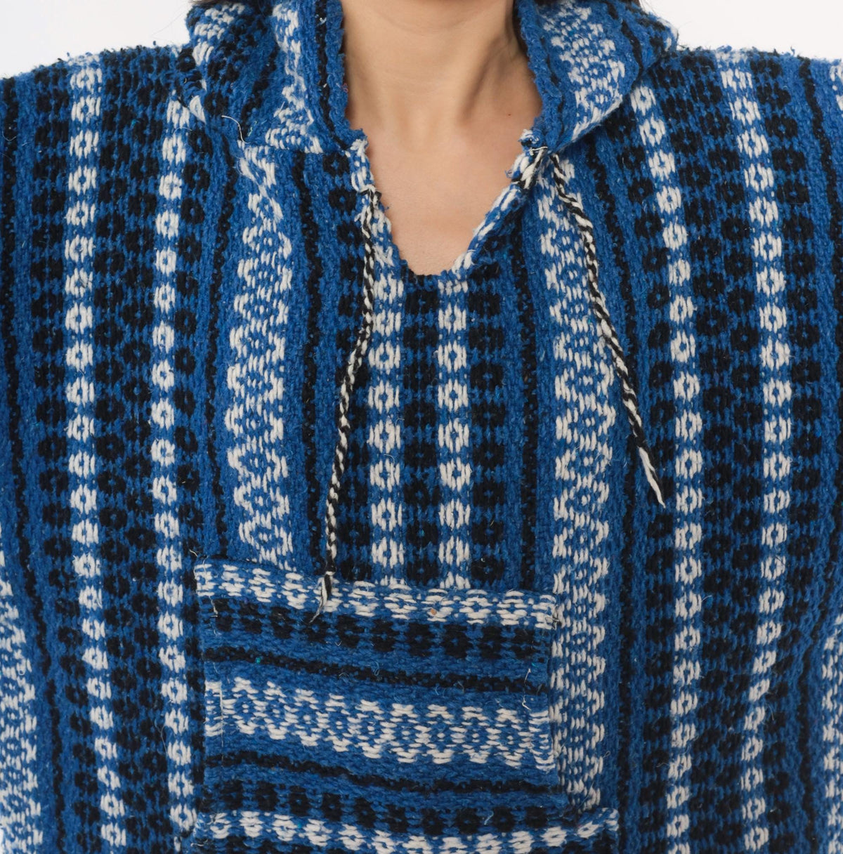 90s Cobalt Blue Baja Hoodie Woven Stripe Kangaroo Pocket Unisex Large
