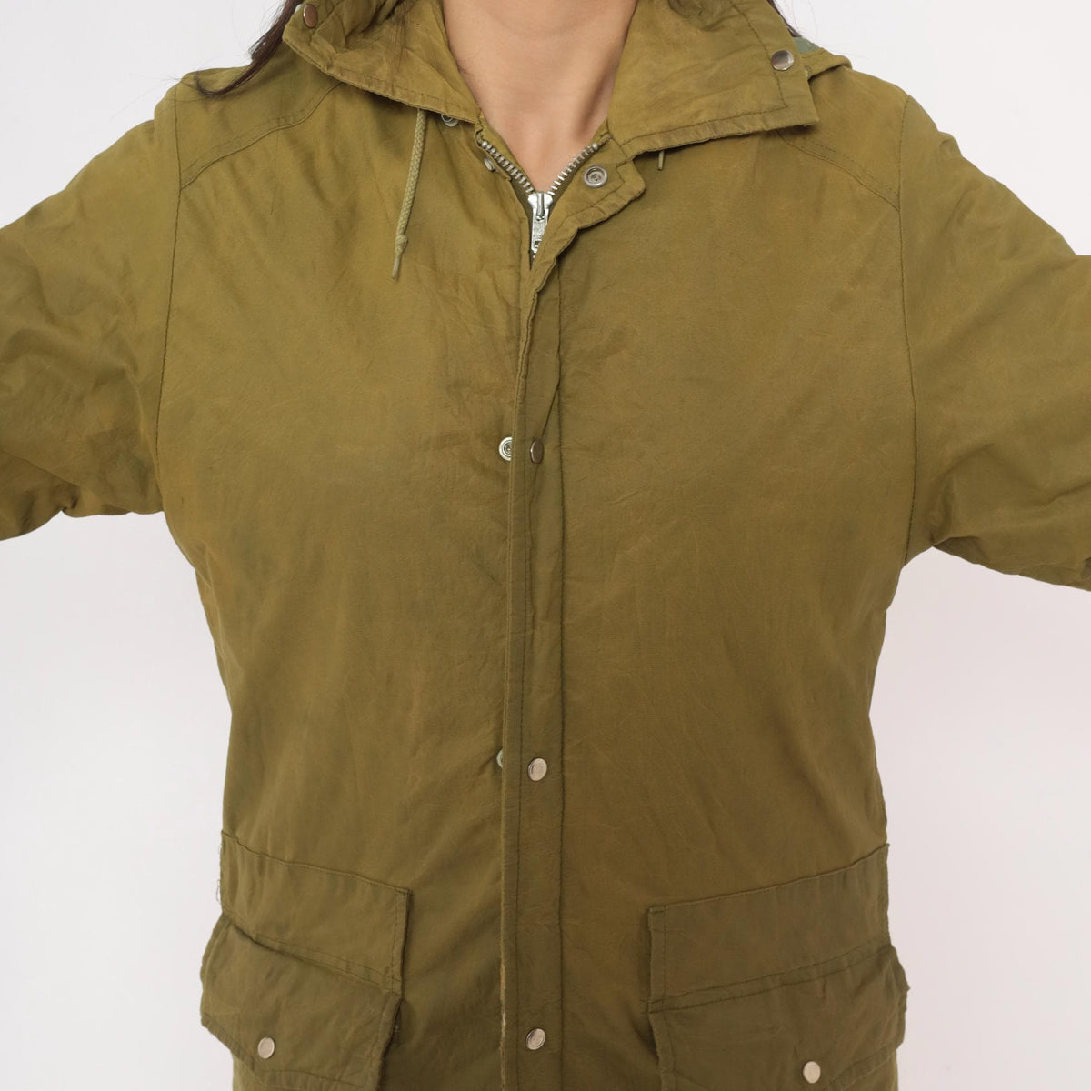 60s Olive Hooded Parka Jacket Nylon Military Field Coat Snap Zip Small