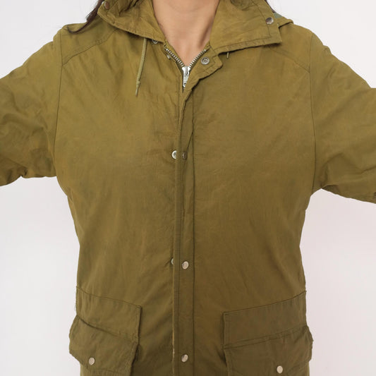 60s Olive Hooded Parka Jacket Nylon Military Field Coat Snap Zip Small