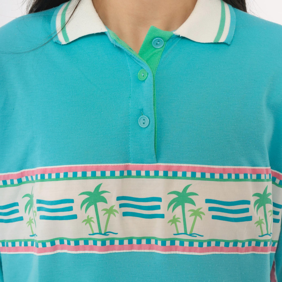 90s Pykettes Palm Tree Polo Shirt Turquoise Three Quarter Sleeve Medium