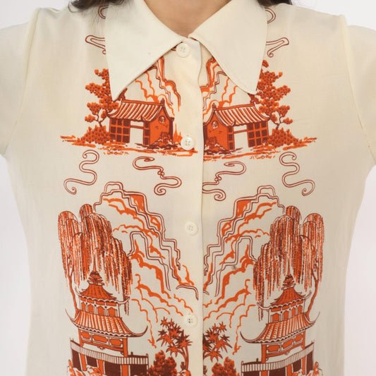 70s Pagoda Willow Tree Scenic Print Blouse Cream Orange Pointed Collar Medium