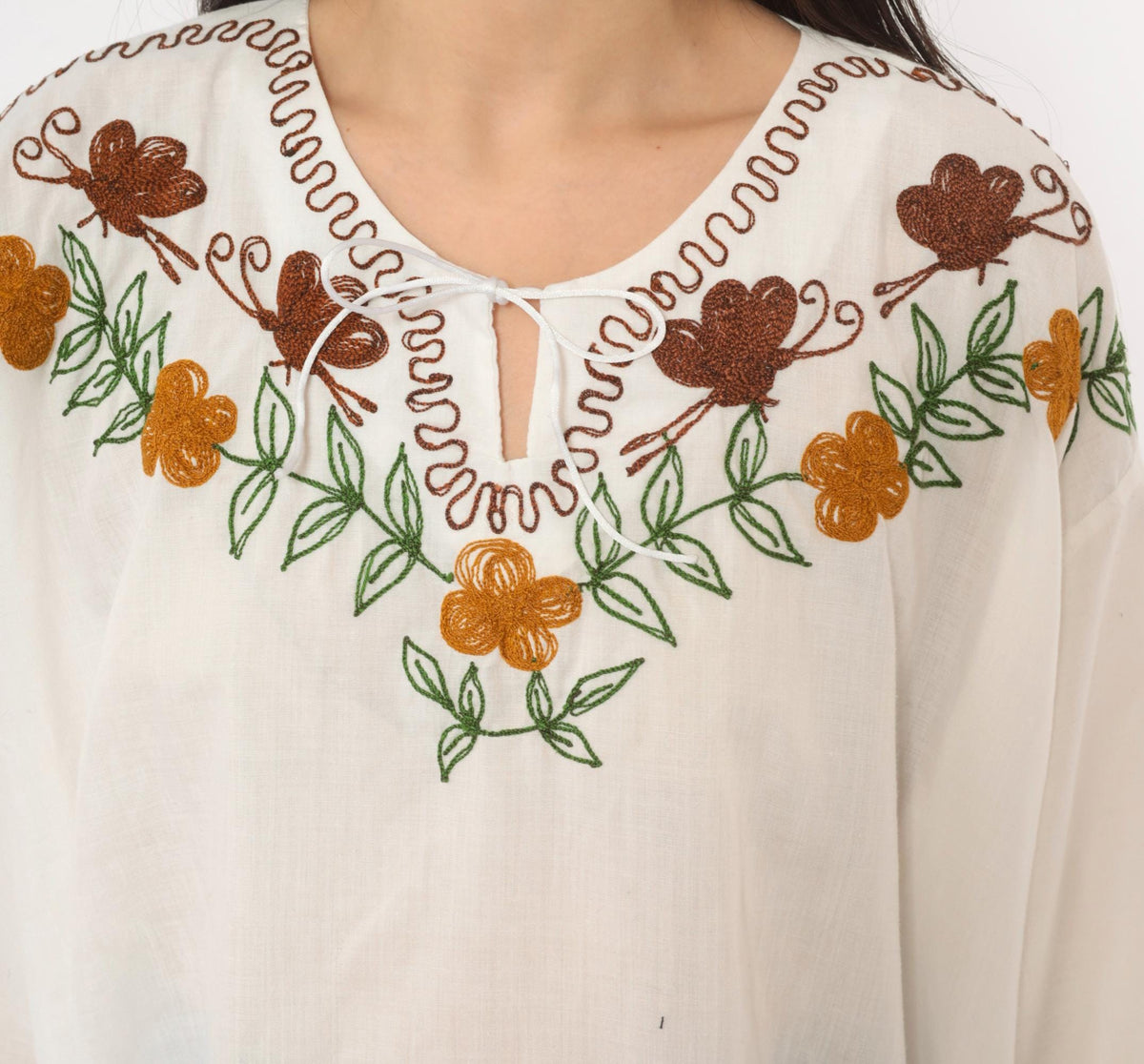 90s White Embroidered Bell Sleeve Tunic Blouse Brown Butterfly Keyhole Tie Neck Extra Large XL