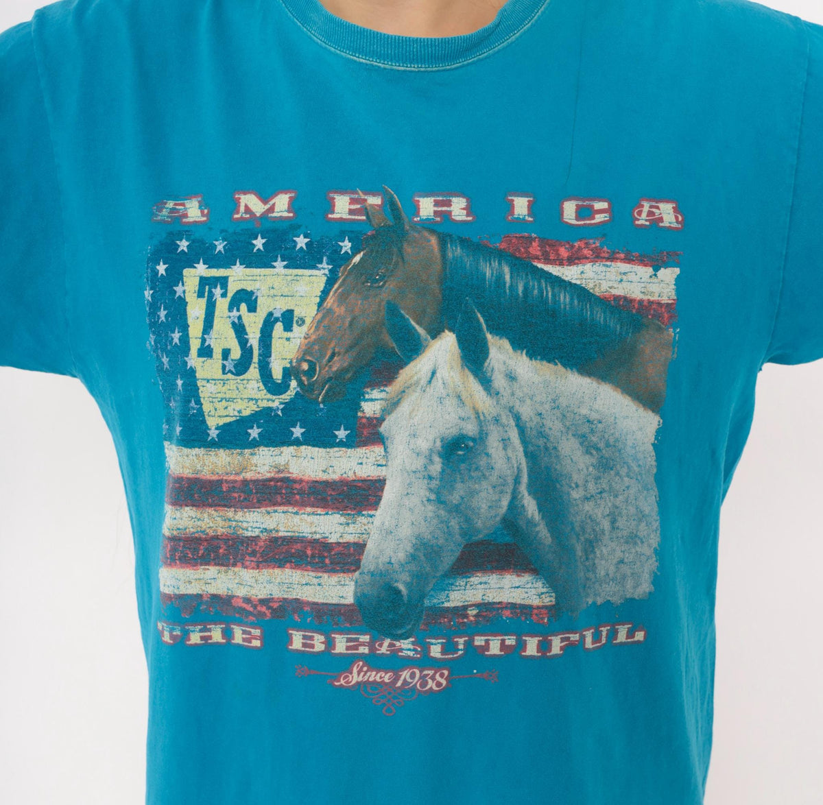 Y2K Horse Graphic Tee Teal Blue American Flag Western Cowgirl Medium M