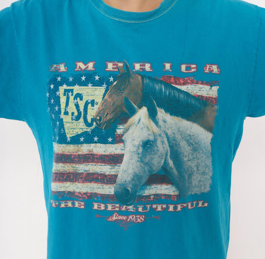 Y2K Horse Graphic Tee Teal Blue American Flag Western Cowgirl Medium M
