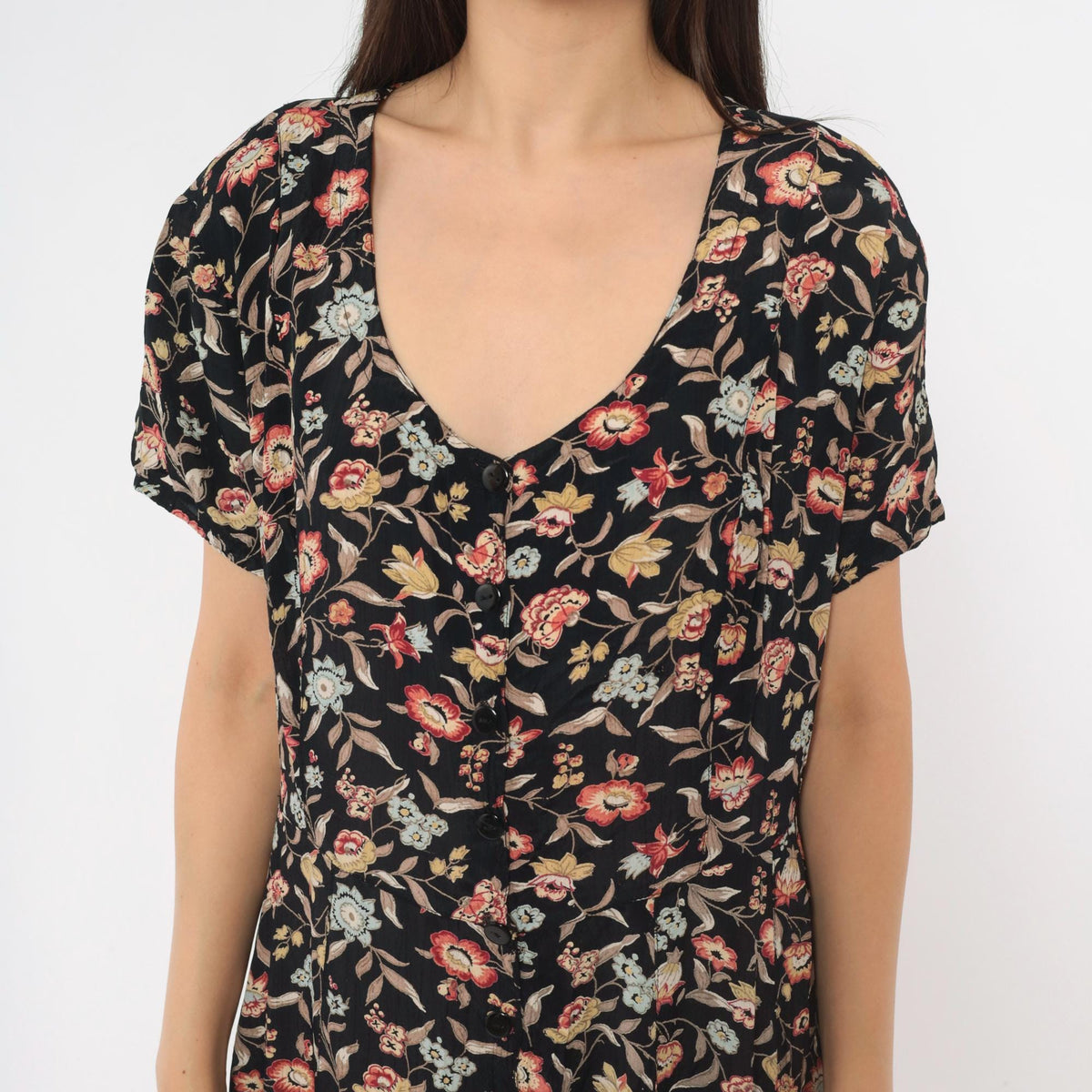90s Contempo Casuals Black Floral Midi Dress Button Front V Neck Large L