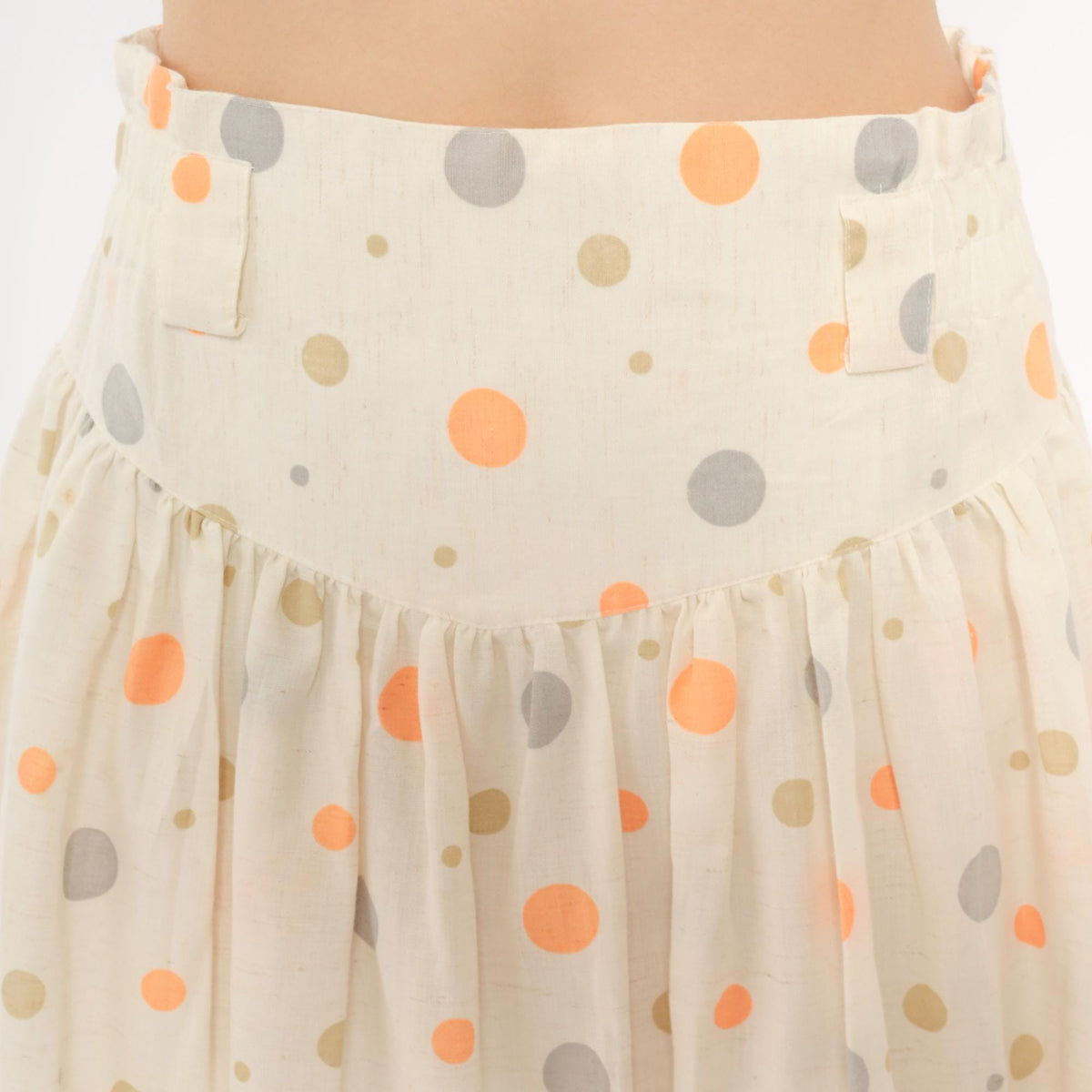 90s Polka Dot Midi Skirt Cream Orange Gray Cotton Gathered High Waist Medium
