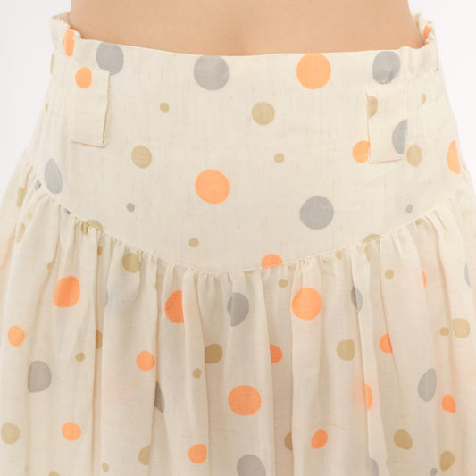 90s Polka Dot Midi Skirt Cream Orange Gray Cotton Gathered High Waist Medium