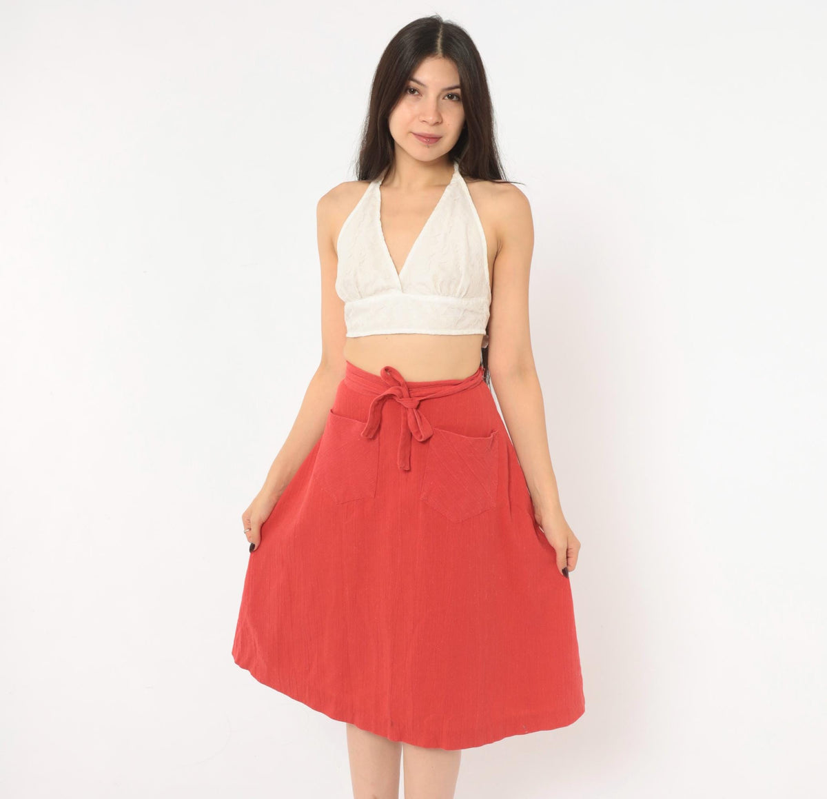 70s Ardee Rust Wrap Skirt A-Line Tie Waist Linen Blend Extra Small XS