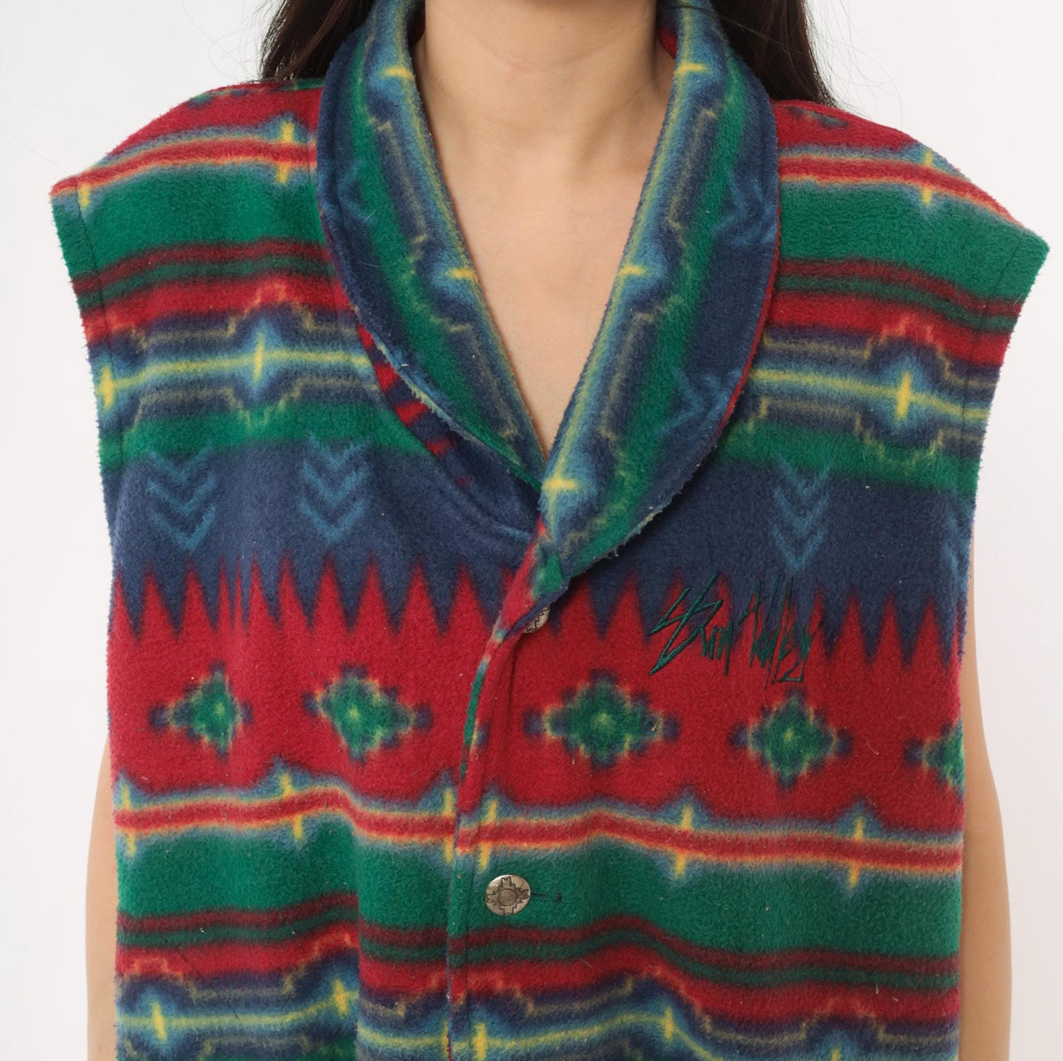 90s Emi Southwestern Fleece Vest Red Blue Geometric Shawl Collar Large L