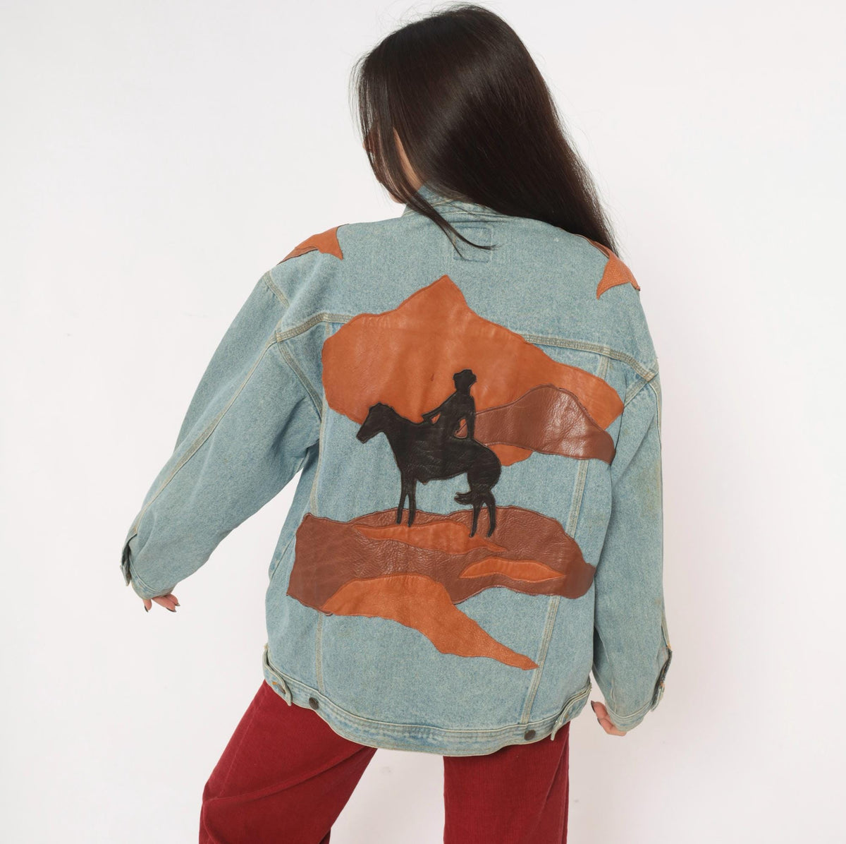 90s Petra C. Wall Denim Jacket Western Leather Cowboy Horse Patchwork Light Blue Medium M