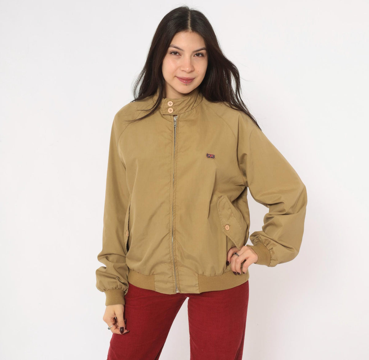 80s Brittania Harrington Jacket Beige Cotton Raglan Stand Collar Medium