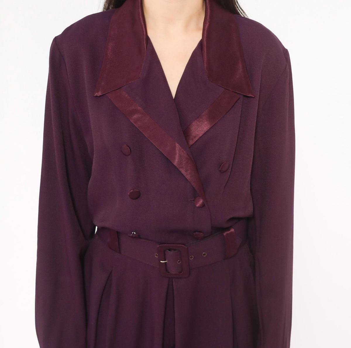 80s Studio I Plum Jumpsuit Double Breasted Satin Collar Belted Small