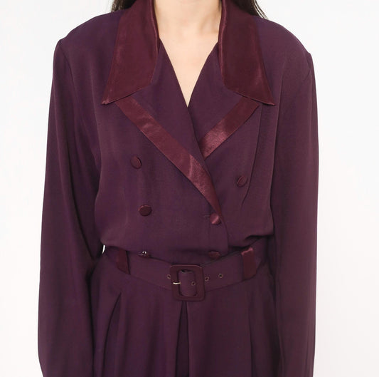 80s Studio I Plum Jumpsuit Double Breasted Satin Collar Belted Small