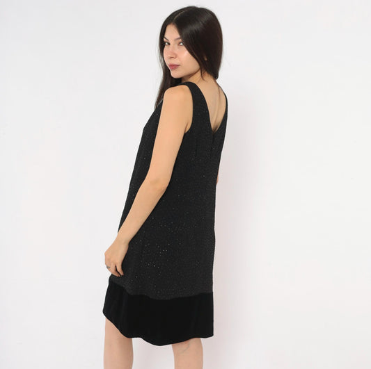 90s Jessica Howard Black Glitter Dress Velvet Trim V Back Knee Length Medium M