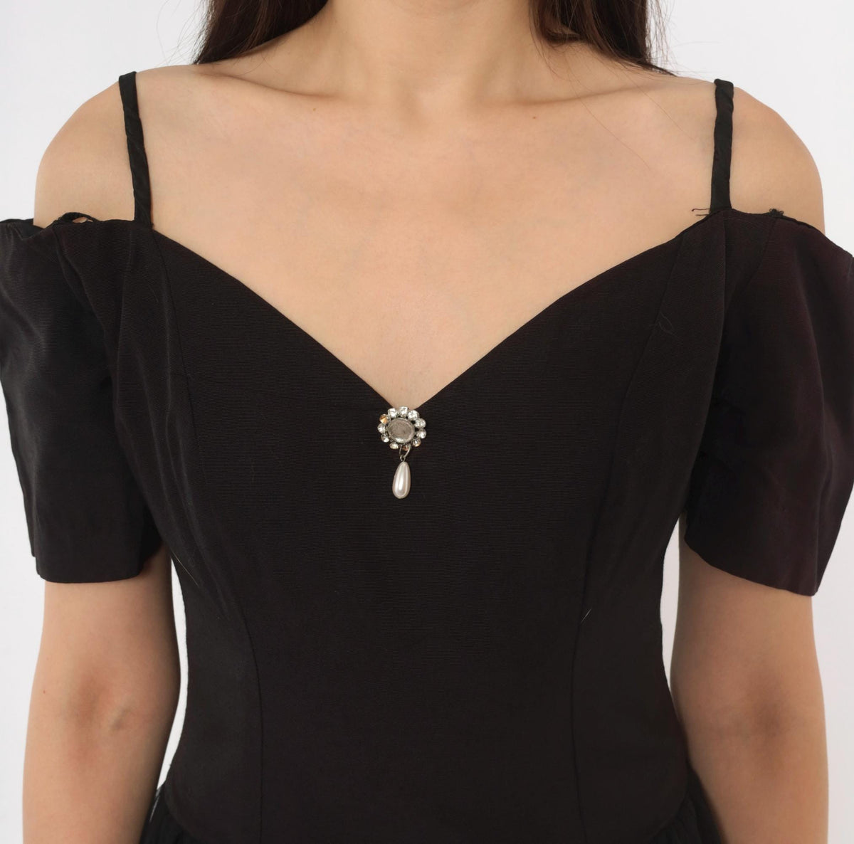 90s Nite Scarlett Black Midi Dress Sweetheart Neckline Puff Sleeve Small