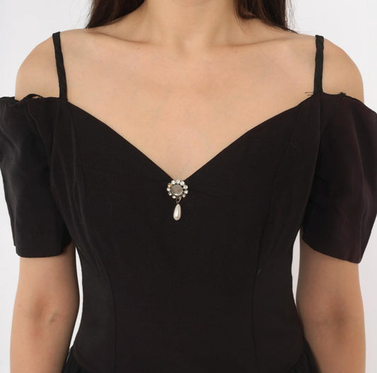 90s Nite Scarlett Black Midi Dress Sweetheart Neckline Puff Sleeve Small