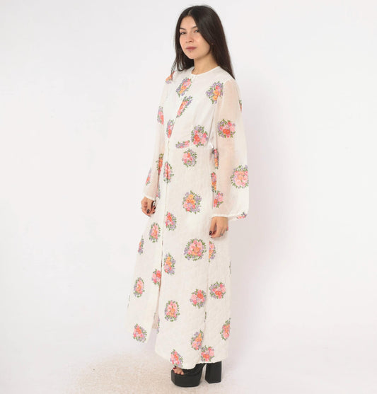 70s White Floral Quilted Maxi Dress Balloon Sleeve Button Front Small
