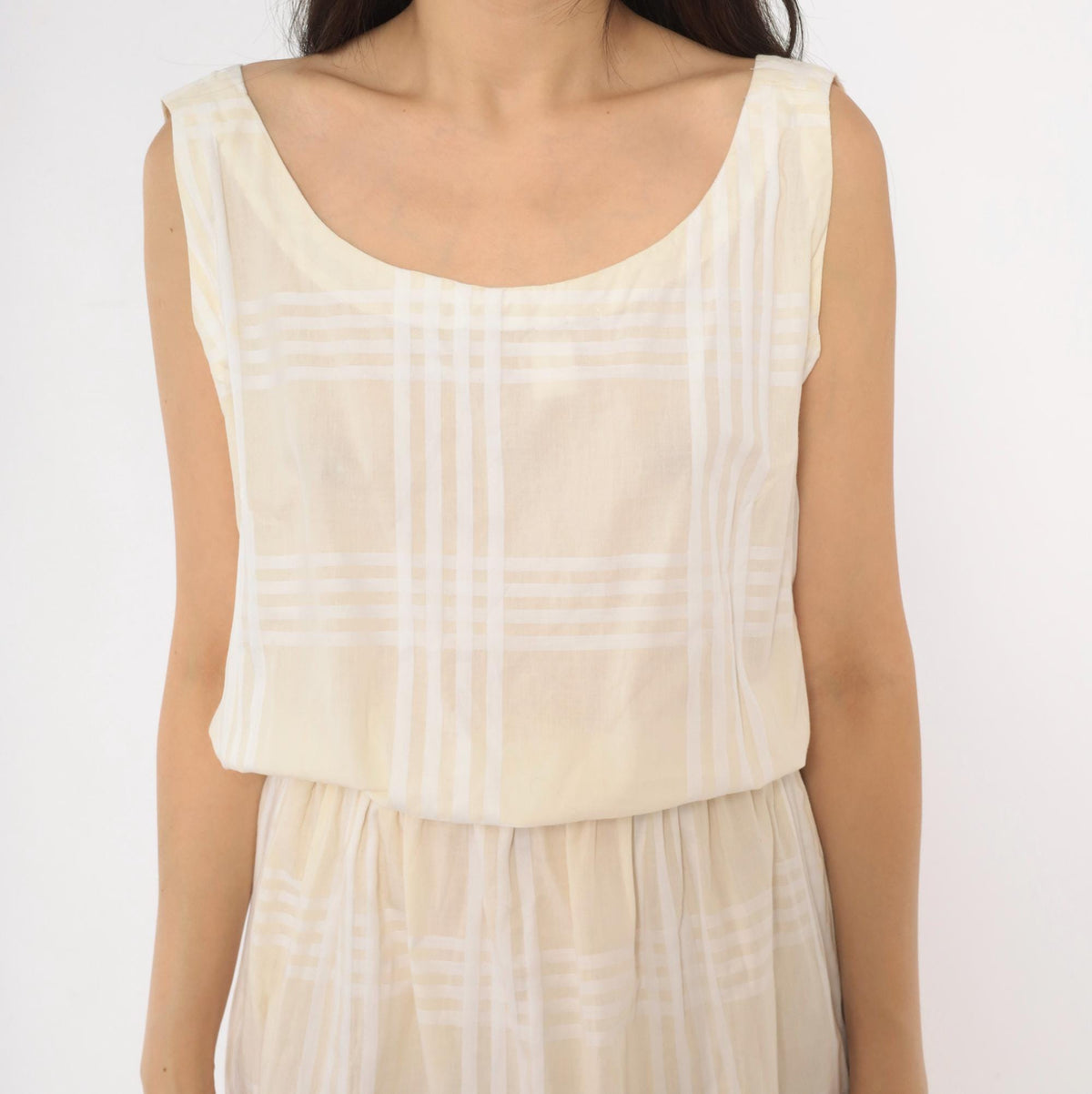 80s Cream Plaid Sleeveless Sundress Scoop Neck Blouson Waist Medium M