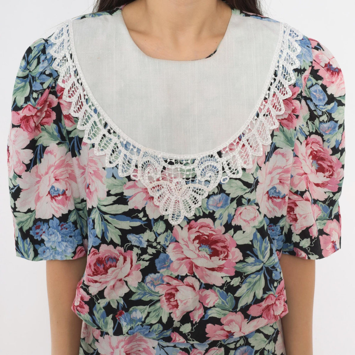 80s Floral Midi Dress Black Pink Rose Lace Collar Puff Sleeve Drop Waist Large L