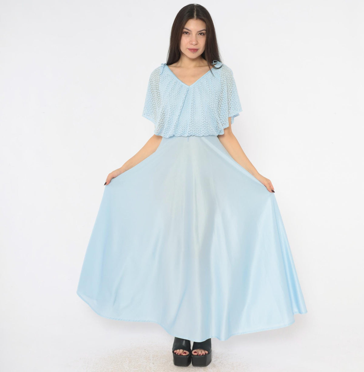 70s Light Blue Maxi Dress Pointelle Knit Capelet V Neck Flutter Sleeve Small