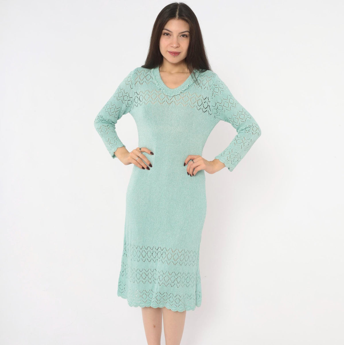 70s Seafoam Pointelle Knit Dress Cotton V-Neck Scalloped Long Sleeve Medium