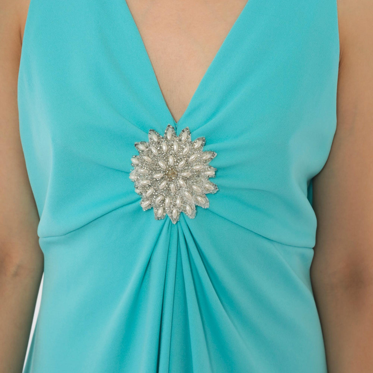 70s Turquoise Maxi Dress Deep V Neck Empire Waist Rhinestone Brooch Large L